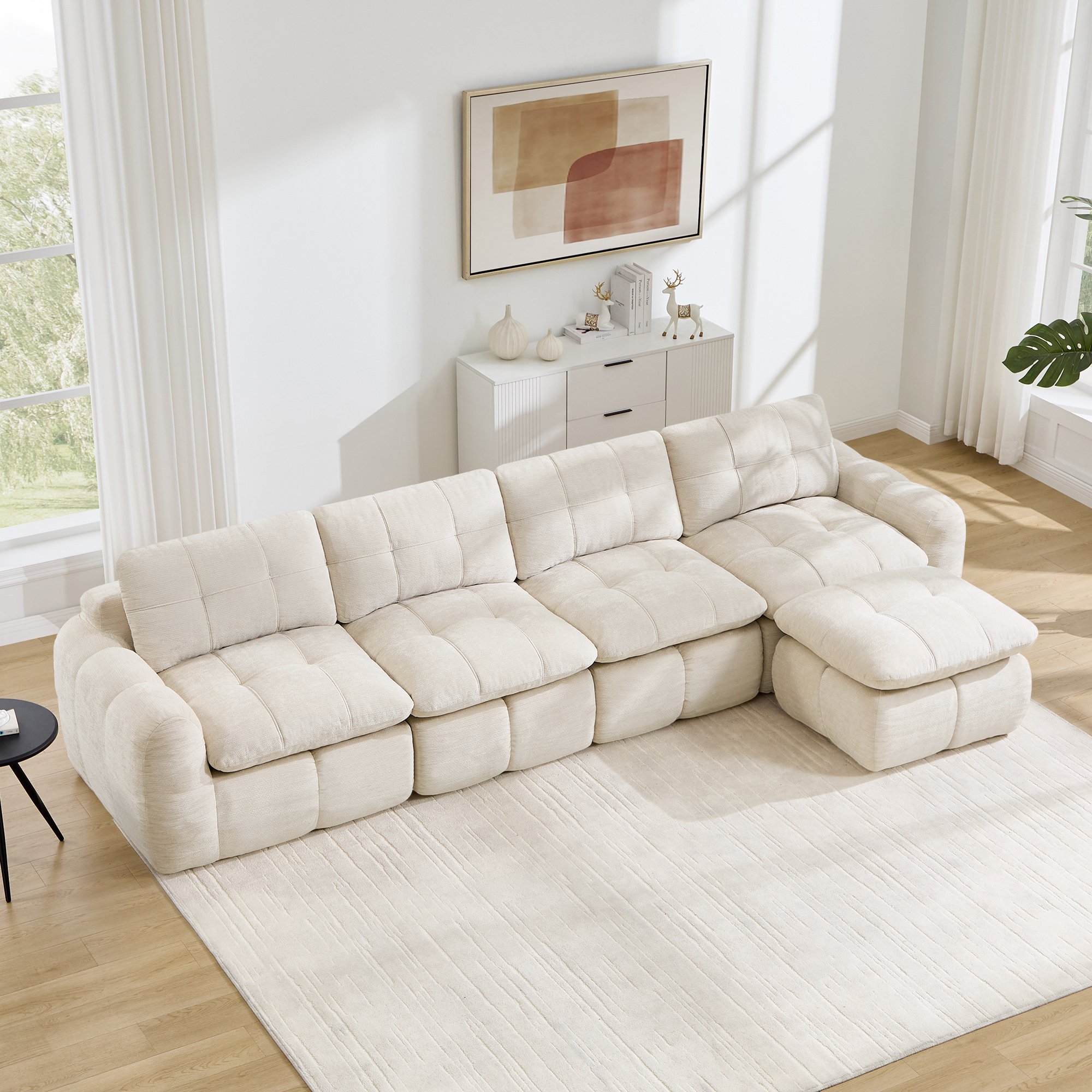 Canapé modulable 4 places en forme de L, tissu chenille beige, sans cadre, avec ottoman, dimensions 334x160x68 cm pour salon moderne