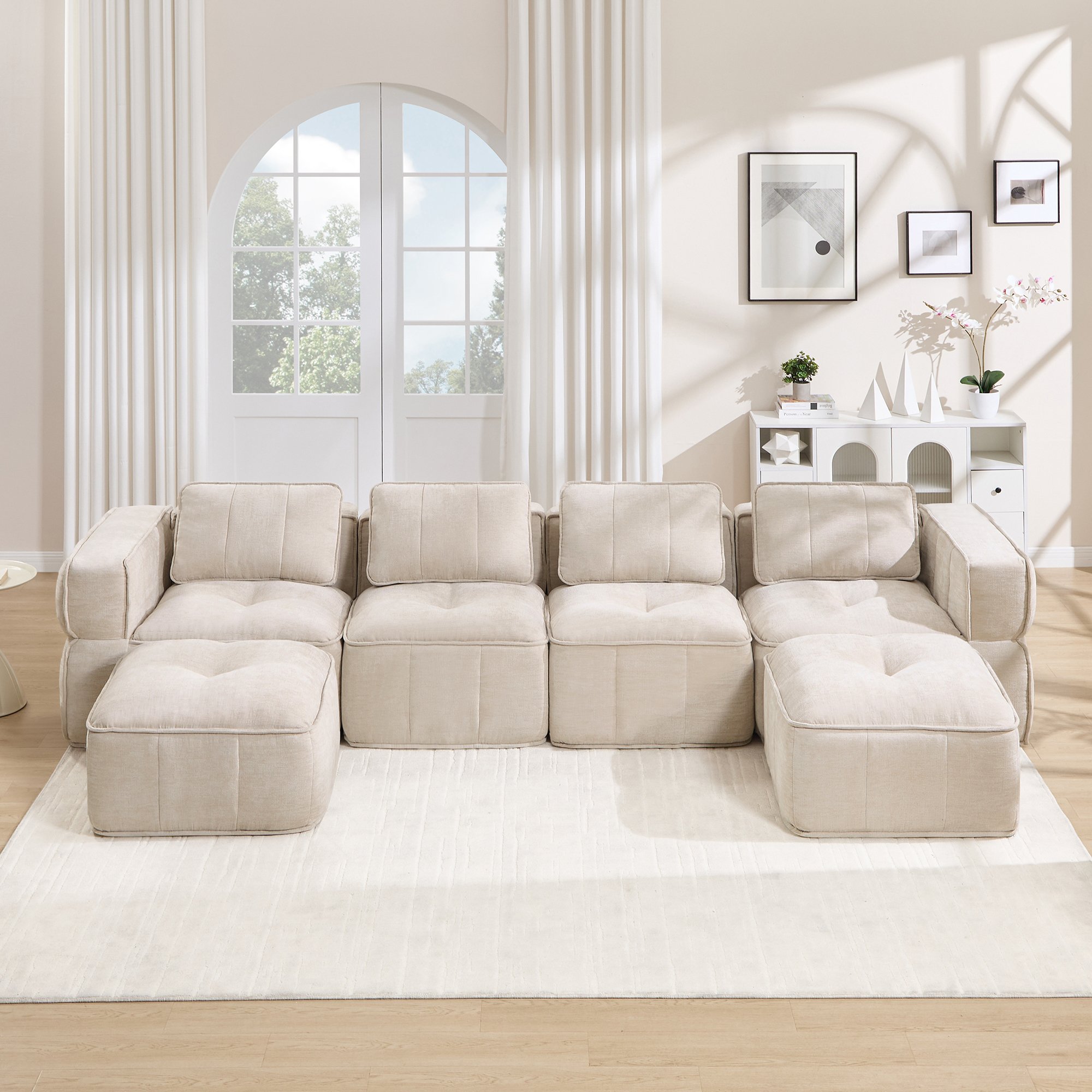 Canapé modulable 4 places beige sans structure, tissu polyester, mousse 32D, 2 poufs inclus, dimensions 344x162x67 cm, idéal pour le salon moderne.